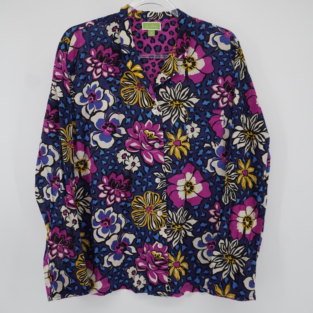 Vera Bradley Mixed Floral/Leopard‎ Print Button Front Shirt Purple Medium